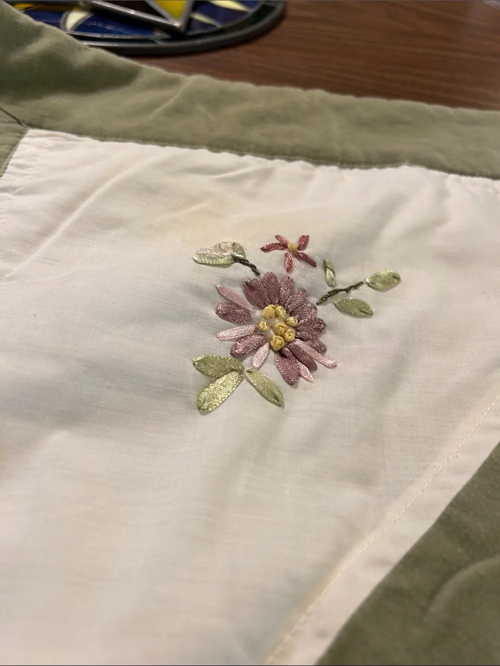 Embroidered Floral Pillow Sham in Sage Green and Ivory